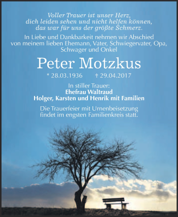 Traueranzeige von Peter Motzkus von WVG - Wochenspiegel Bitterfeld