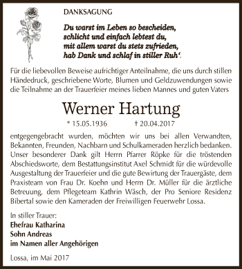 Traueranzeige von Werner Hartung von WVG - Wochenspiegel NMB / WSF / ZTZ