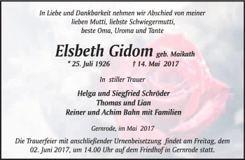 Traueranzeige von Elsbeth Gidom von WVG - Wochenspiegel Quedlinburg