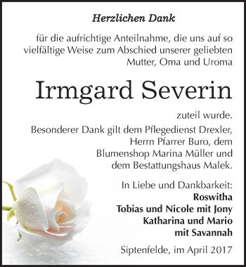 Traueranzeige von Irmgard Severin von Mitteldeutsche Zeitung Quedlinburg