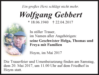 Traueranzeige von Wolfgang Gebbert von Mitteldeutsche Zeitung Aschersleben