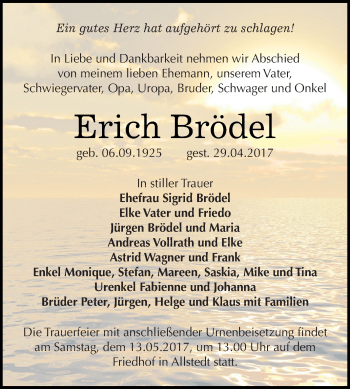 Traueranzeige von Erich Brödel von Super Sonntag SGH Mansf. Land