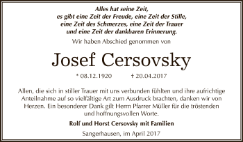 Traueranzeige von Josef Cersovsky von Super Sonntag SGH Mansf. Land