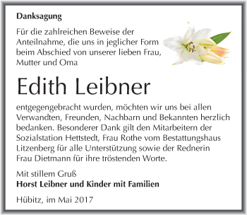 Traueranzeige von Edith Leibner von Mitteldeutsche Zeitung Mansfelder Land