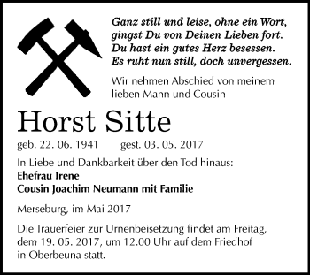 Traueranzeige von Horst Sitte von WVG - Wochenspiegel Merseburg