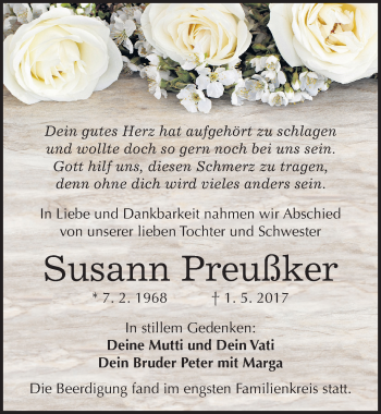 Traueranzeige von Susann Preußker von Mitteldeutsche Zeitung Halle/Saalkreis