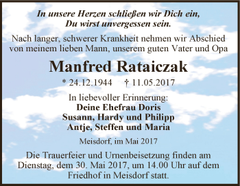 Traueranzeige von Manfred Rataiczak von Super Sonntag Aschersleben