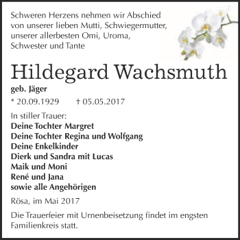 Traueranzeige von Hildegard Wachsmuth von WVG - Wochenspiegel Bitterfeld
