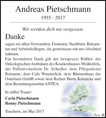 Traueranzeige von Andreas Pietschmann von WVG - Wochenspiegel NMB / WSF / ZTZ