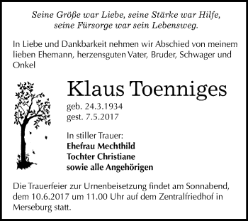 Traueranzeige von Klaus Toenniges von WVG - Wochenspiegel Merseburg