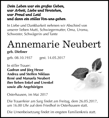 Traueranzeige von Annemarie Neubert von Mitteldeutsche Zeitung Mansfelder Land