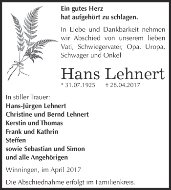 Traueranzeige von Hans Lehnert von Super Sonntag Aschersleben