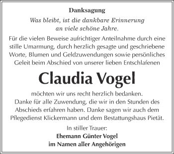 Traueranzeige von Claudia Vogel von WVG - Wochenspiegel Bitterfeld
