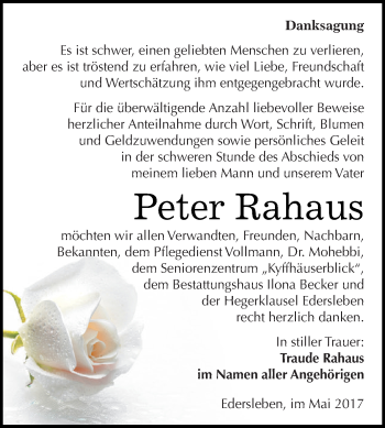 Traueranzeige von Peter Rahaus von Super Sonntag SGH Mansf. Land