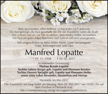 Traueranzeige von Manfred Lopatte von Super Sonntag SGH Mansf. Land