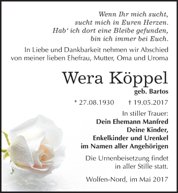 Traueranzeige von Wera Köppel von Mitteldeutsche Zeitung Bitterfeld