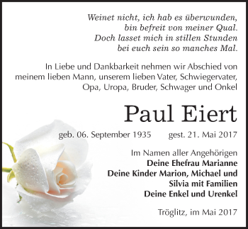 Traueranzeige von Paul Eiert von Mitteldeutsche Zeitung Zeitz