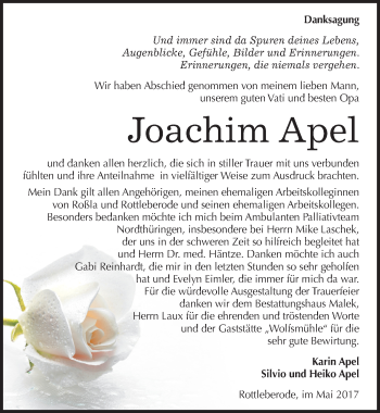 Traueranzeige von Joachim Apel von Mitteldeutsche Zeitung Sangerhausen