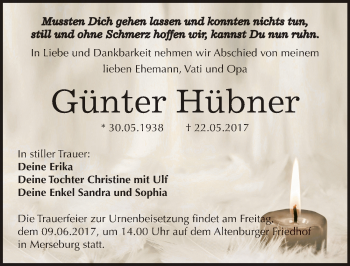 Traueranzeige von Günter Hübner von Mitteldeutsche Zeitung Merseburg/Querfurt