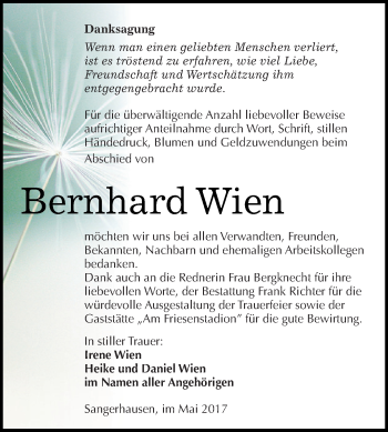Traueranzeige von Bernhard Wien von Super Sonntag SGH Mansf. Land