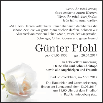 Traueranzeige von Günter Pfohl von WVG - Wochenspiegel Wittenberg