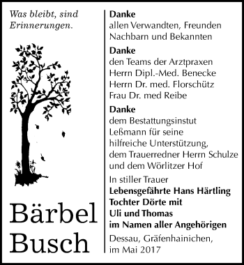 Traueranzeige von Bärbel Busch von Mitteldeutsche Zeitung Wittenberg