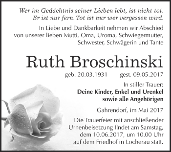 Traueranzeige von Ruth Broschinski von WVG - Wochenspiegel Dessau / Köthen