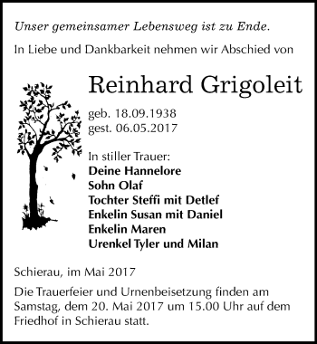 Traueranzeige von Reinhard Grigoleit von Mitteldeutsche Zeitung Bitterfeld