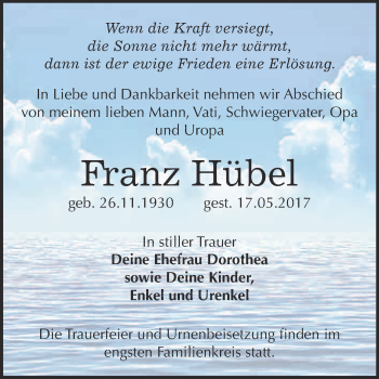 Traueranzeige von Franz Hübel von WVG - Wochenspiegel Bitterfeld