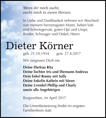 Traueranzeige von Dieter Körner von WVG - Wochenspiegel NMB / WSF / ZTZ