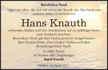 Traueranzeige von Hans Knauth von Mitteldeutsche Zeitung Mansfelder Land