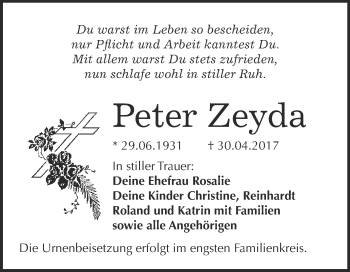 Traueranzeige von Peter Zeyda von WVG - Wochenspiegel Bitterfeld