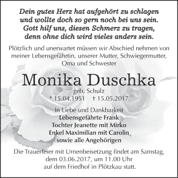Traueranzeige von Monika Duschka von Super Sonntag Bernburg