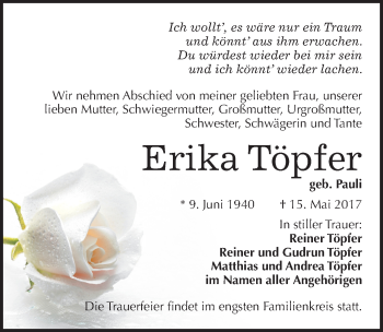 Traueranzeige von Erika Töpfer von Mitteldeutsche Zeitung Halle/Saalkreis