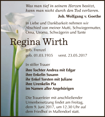 Traueranzeige von Regina Wirth von WVG - Wochenspiegel NMB / WSF / ZTZ