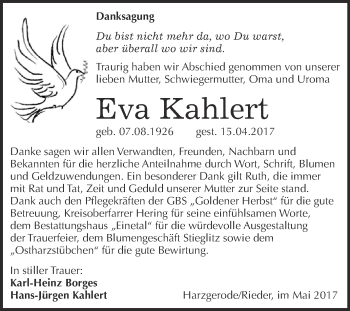 Traueranzeige von Eva Kahlert von Super Sonntag Quedlinburg
