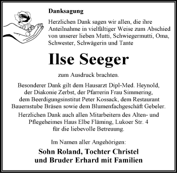 Traueranzeige von Ilse Seeger von Mitteldeutsche Zeitung Dessau-Roßlau