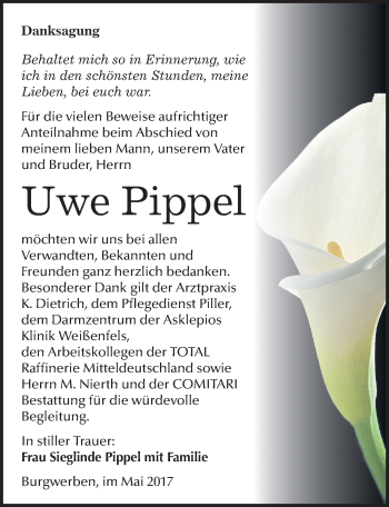 Traueranzeige von Uwe Pippel von Mitteldeutsche Zeitung Weißenfels