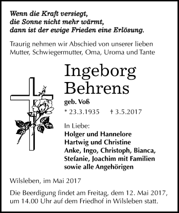 Traueranzeige von Ingeborg Behrens von Mitteldeutsche Zeitung Aschersleben