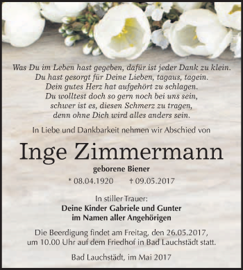 Traueranzeige von Inge Zimmermann von WVG - Wochenspiegel Merseburg