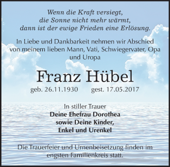 Traueranzeige von Franz Hübel von Mitteldeutsche Zeitung Bitterfeld