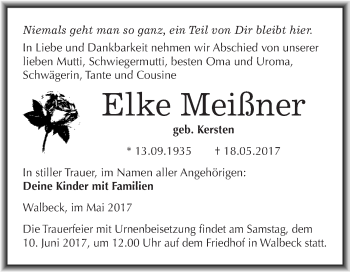 Traueranzeige von Elke Meißner von Wochenspiegel Mansfelder Land