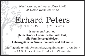 Traueranzeige von Erhard Peters von WVG - Wochenspiegel Bitterfeld