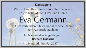 Traueranzeige von Eva Germann von Wochenspiegel Mansfelder Land