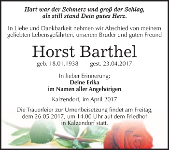 Traueranzeige von Horst Barthel von WVG - Wochenspiegel Merseburg