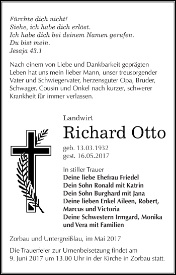 Traueranzeige von Richard Otto von WVG - Wochenspiegel NMB / WSF / ZTZ