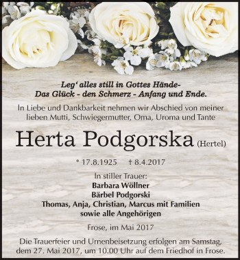 Traueranzeige von Herta Podgorska von Mitteldeutsche Zeitung Aschersleben
