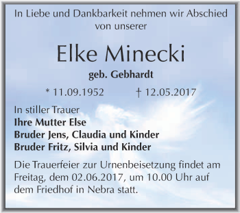 Traueranzeige von Elke Minecki von WVG - Wochenspiegel Merseburg