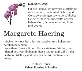 Traueranzeige von Margarete Haering von Mitteldeutsche Zeitung Dessau-Roßlau