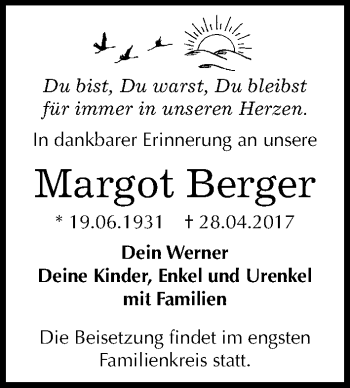 Traueranzeige von Margot Berger von Mitteldeutsche Zeitung Halle/Saalkreis